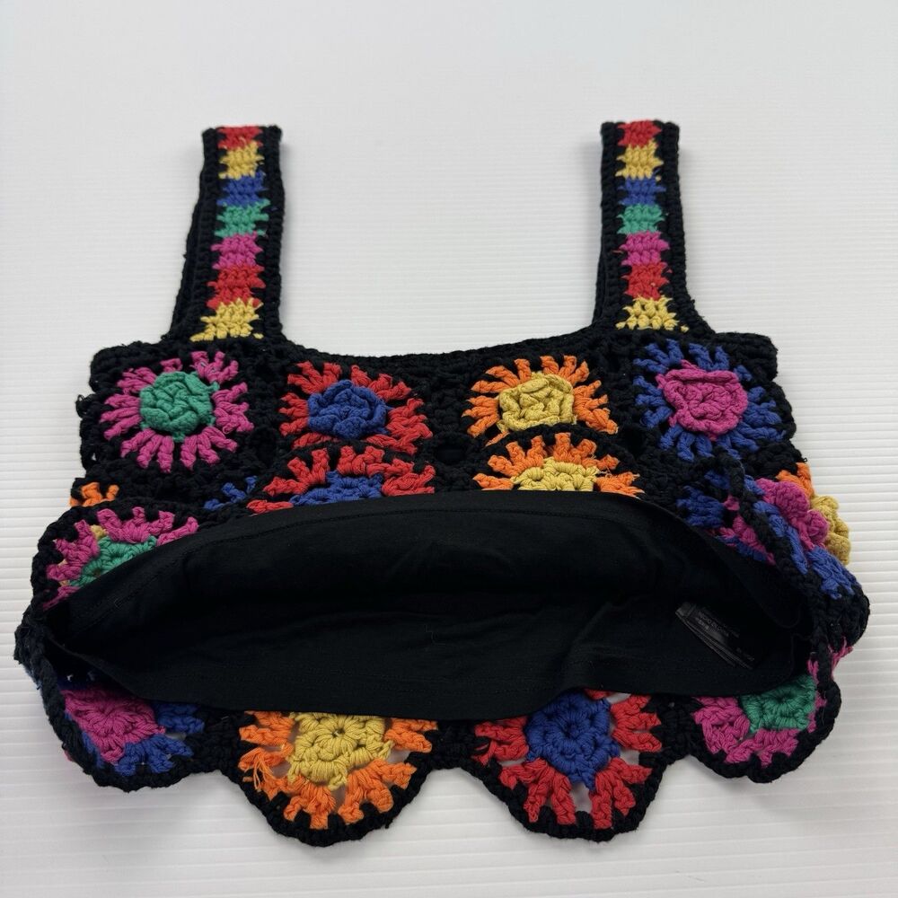 FARM Rio Womens M Crochet Flowers Crop Top Black Multicolor Granny Square Lined - Picture 5 of 13